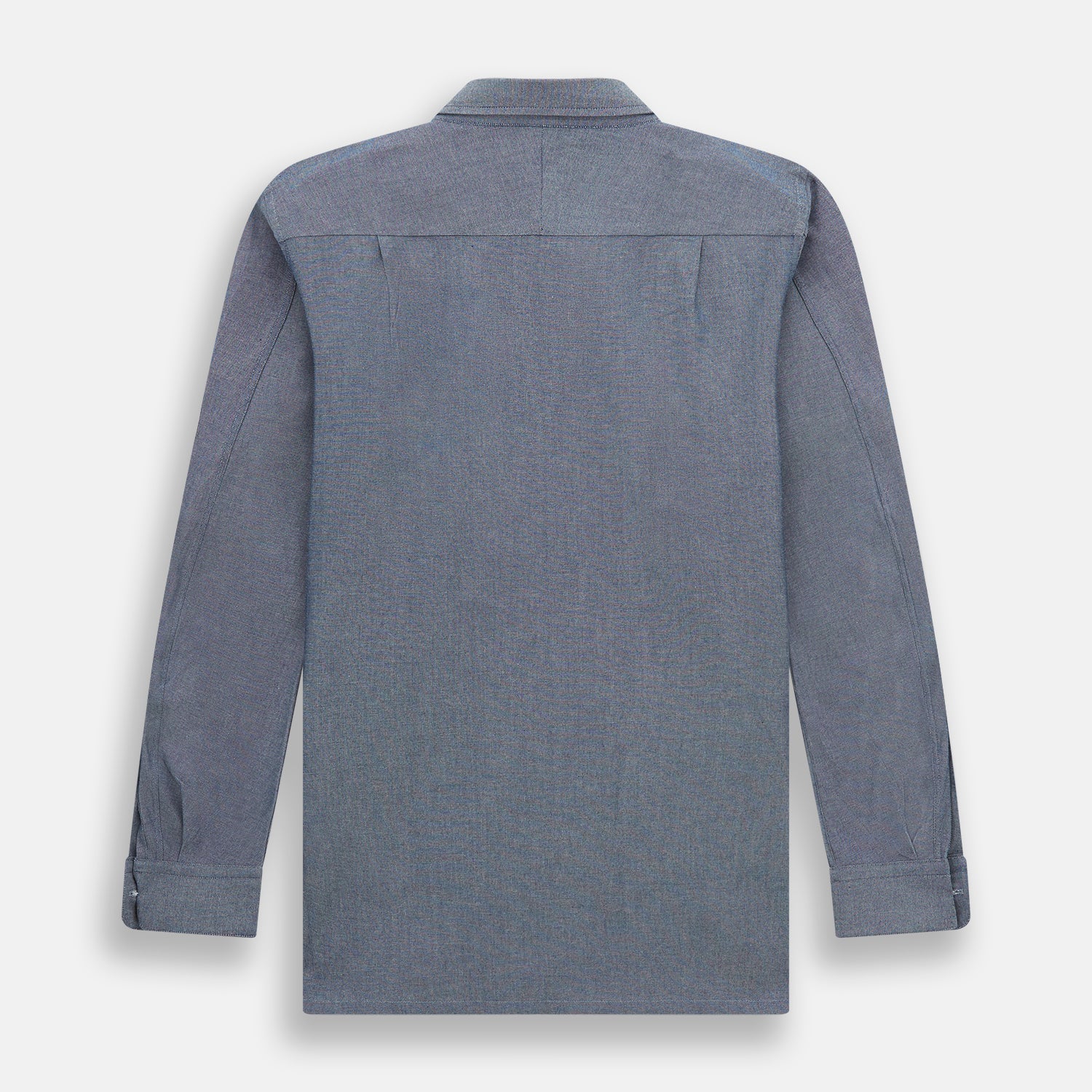 View 4 of product The Turnbull & Asser Steel Blue Piccadilly Shirt features long sleeves, a button-up front, two chest pockets, and white buttons, shown against a plain white background.