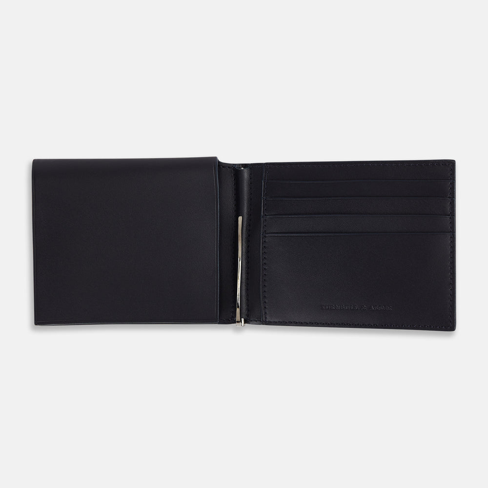 Navy Leather Trifold Card Holder with Metal Money Clip OS