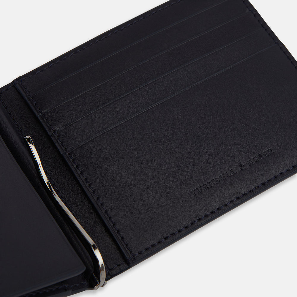 Navy Leather Trifold Card Holder with Metal Money Clip OS