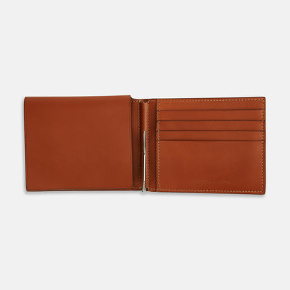 Cognac Leather Trifold Card Holder with Metal Money Clip Image 1