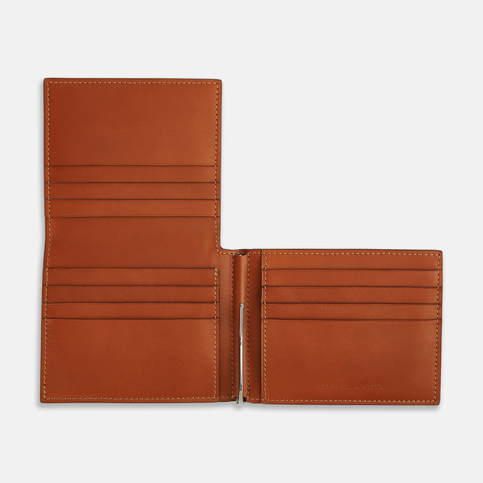 Cognac Leather Trifold Card Holder with Metal Money Clip Image 2