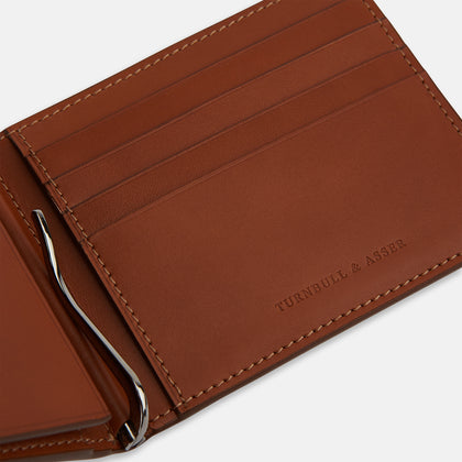 Cognac Leather Trifold Card Holder with Metal Money Clip Image 3