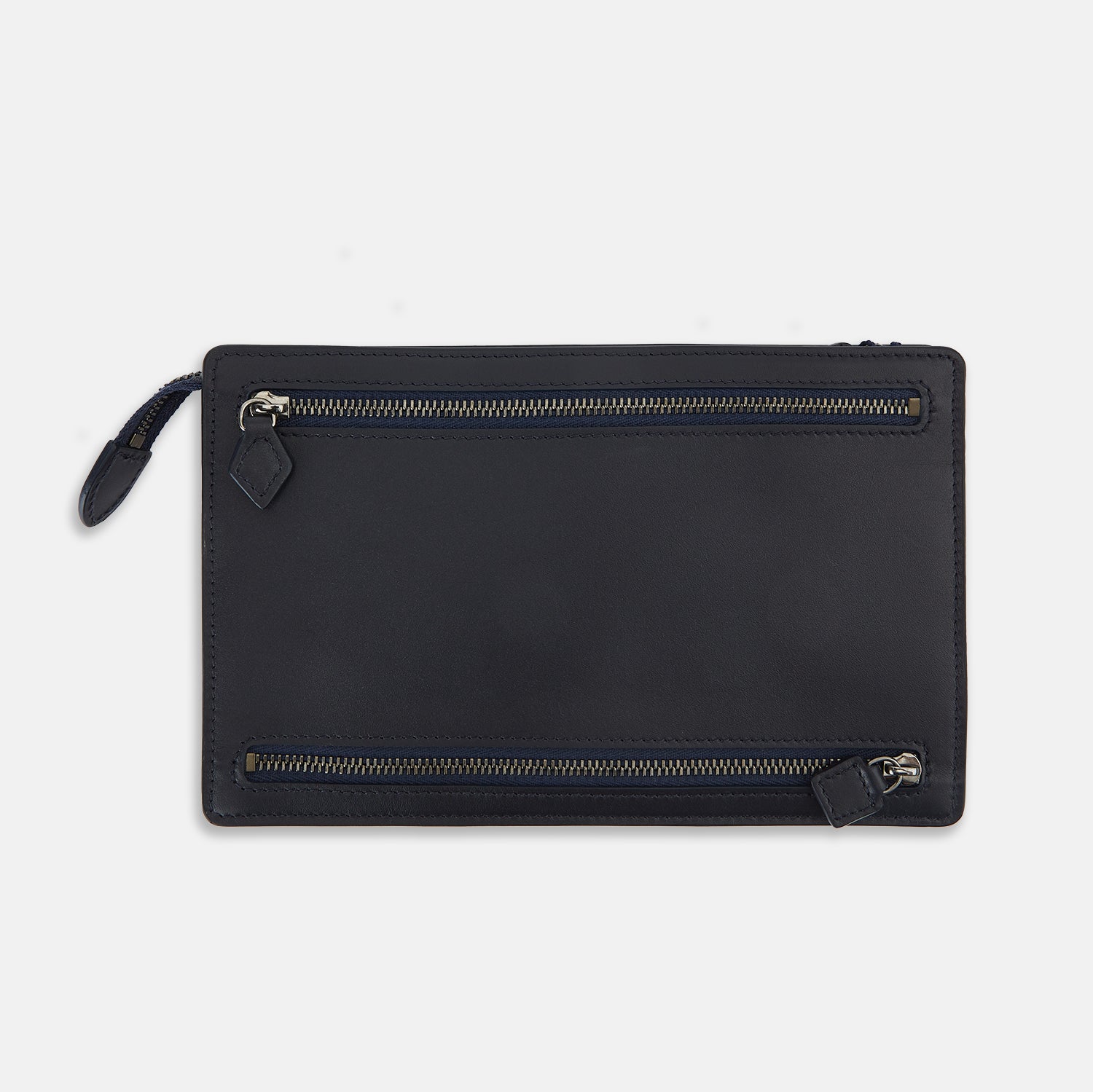 View 3 of product The Turnbull & Asser UK Navy Leather Zip Envelope Pouch, a rectangular travel accessory with two horizontal zippered compartments, is displayed against a plain white background.