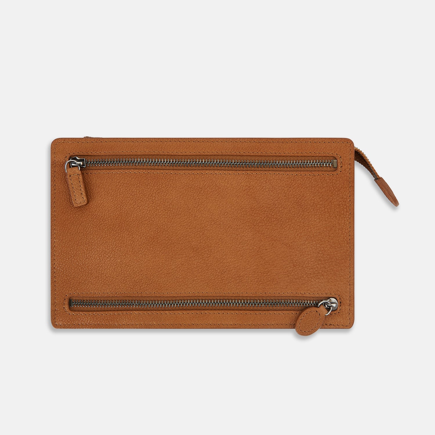 View 1 of product The Turnbull & Asser UK Cognac Full-Grain Leather Zip Envelope Pouch features two horizontal zippered pockets, one at the top and one at the bottom, shown on a plain white background.