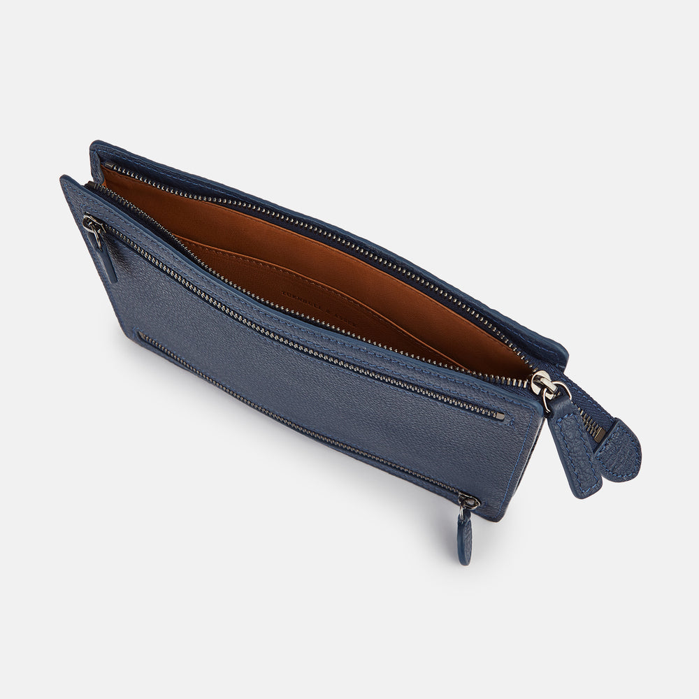 Navy Full-Grain Leather Zip Envelope Pouch OS