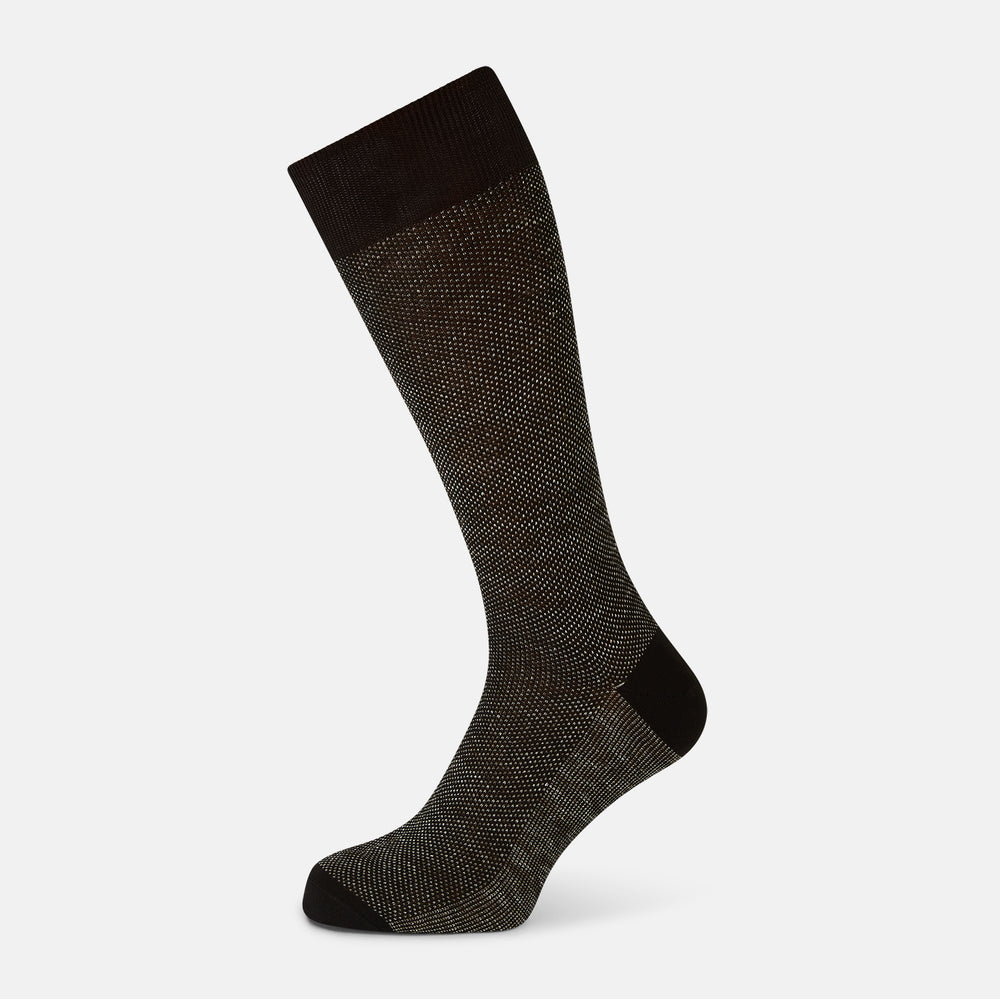 A single Dark Chocolate Cotton-Linen Mid-Length Sock by Turnbull & Asser UK is displayed upright against a plain white background, highlighting the refined elegance characteristic of high-quality Italian-inspired socks.