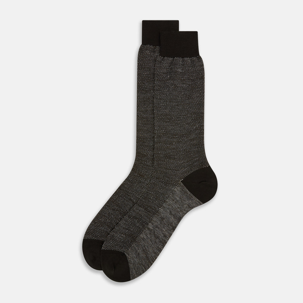 A pair of Turnbull & Asser UK Dark Chocolate Cotton-Linen Mid-Length Socks, featuring a black and gray pattern with black heels, toes, and cuffs, laid flat on a white background.