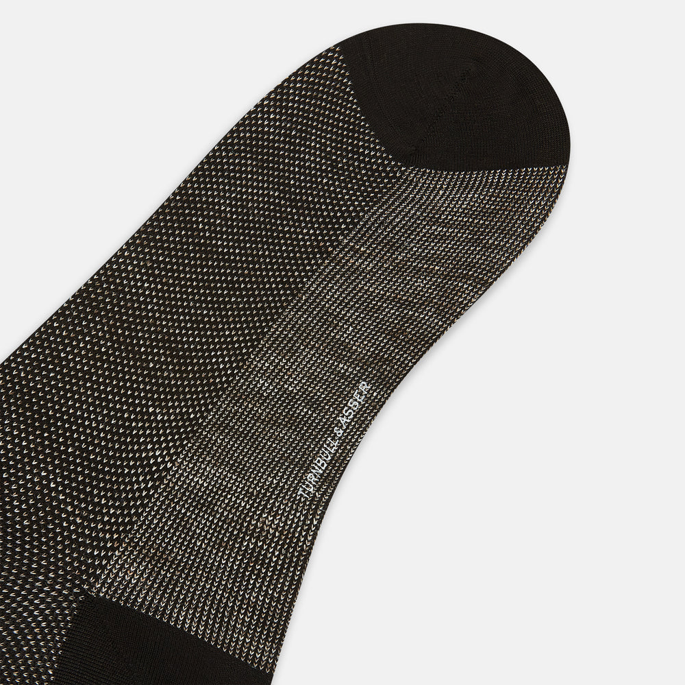 A pair of Turnbull & Asser UK Dark Chocolate Cotton-Linen Mid-Length Socks, featuring a black and gray pattern with black heels, toes, and cuffs, laid flat on a white background.