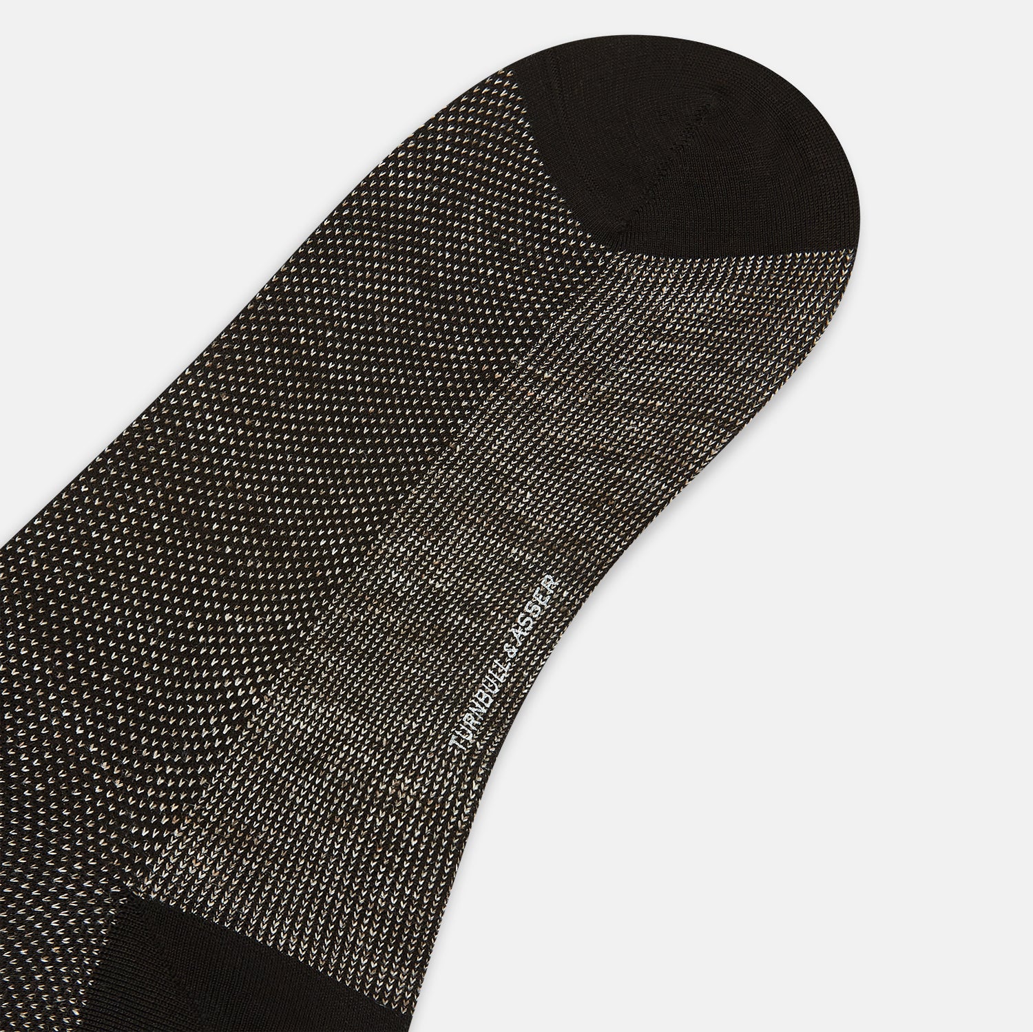 View 3 of product A pair of Turnbull & Asser UK Dark Chocolate Cotton-Linen Mid-Length Socks, featuring a black and gray pattern with black heels, toes, and cuffs, laid flat on a white background.