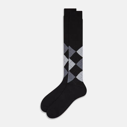 Black and Grey Check Wool Long Socks Image 1