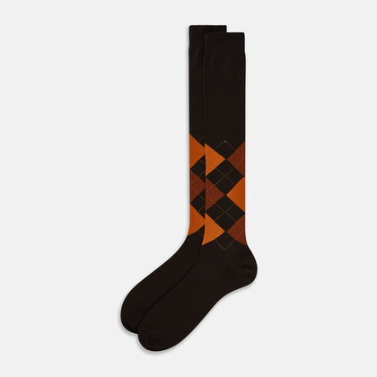 Brown & Orange Check Wool Long Socks Image 1