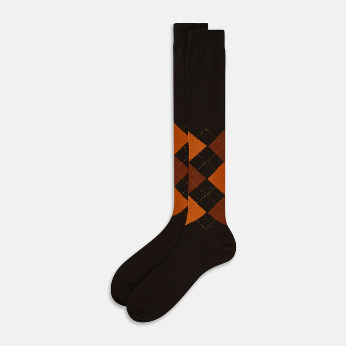 Brown & Orange Check Wool Long Socks Image 1