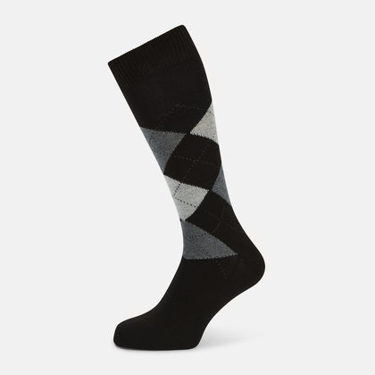 Black & Grey Check Wool Mid-length Socks