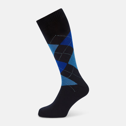 Navy & Royal Blue Check Wool Mid-Length Socks