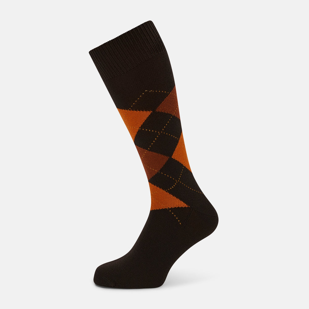 Brown & Orange Check Wool Mid-length Socks 13