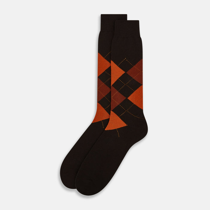Brown & Orange Check Wool Mid-length Socks Image 1