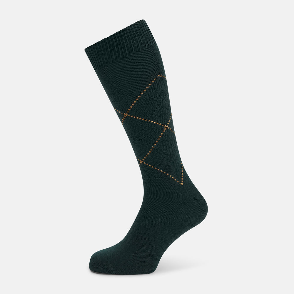 Forest Green & Tan Diamond Wool Mid-length Socks 13