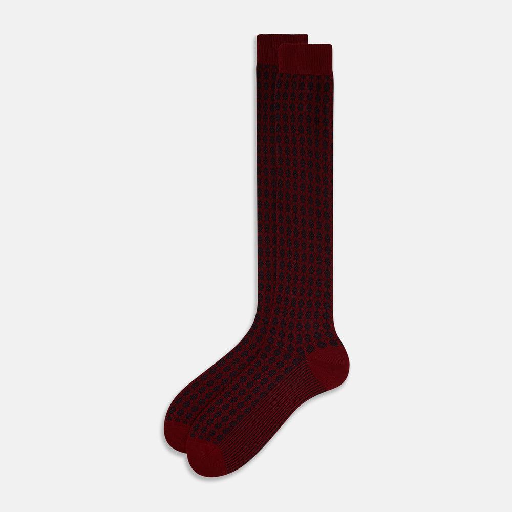 Burgundy & Navy Antique Motif Wool Long Socks 11