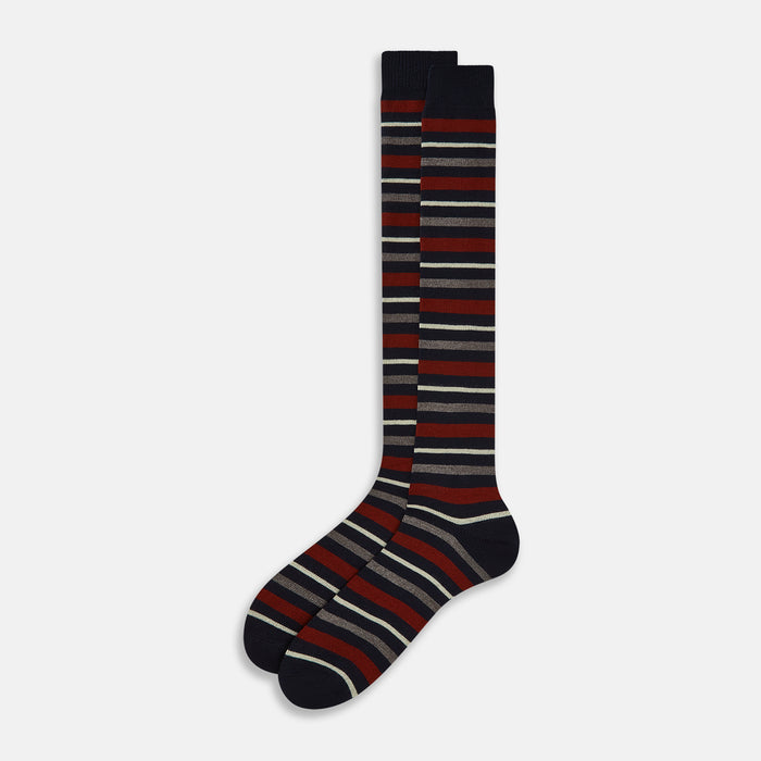 Burgundy & Navy Striped Wool Long Socks Image 1