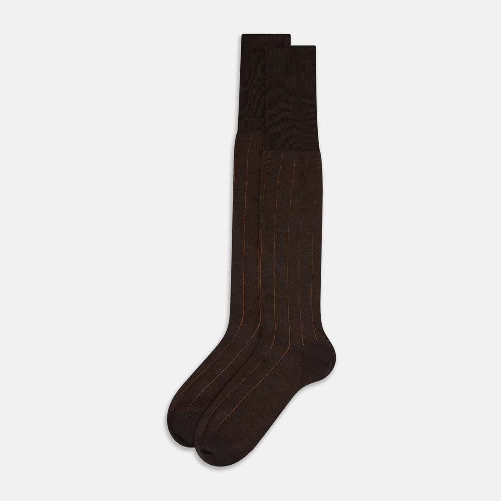 Dark Chocolate and Rust Wide Ribbed Wool Long Socks 13