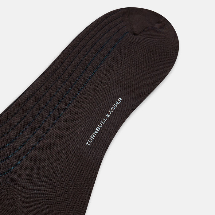 Dark Chocolate and Blue Yarn Striped Wool Mid-length Socks Image 2
