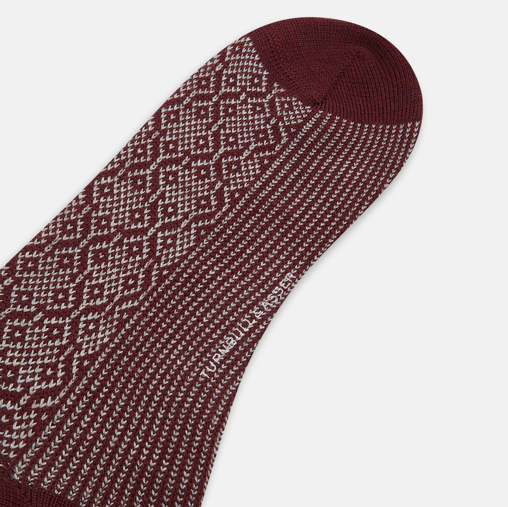 SOCKS WOOL DIAMOND DESIGN LONG WINE/ LIGHT GREY 13