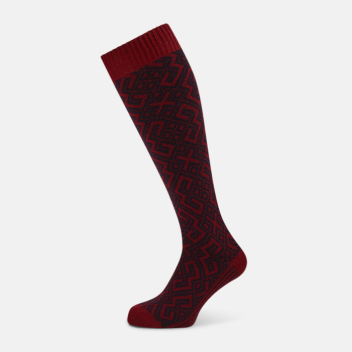 Burgundy and Navy Motif Wool Long Socks