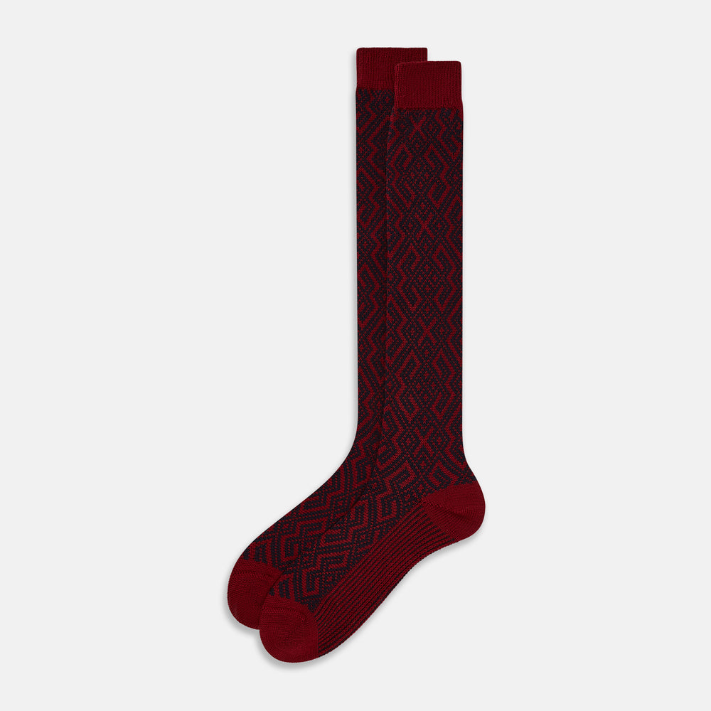 Burgundy and Navy Motif Wool Long Socks 13
