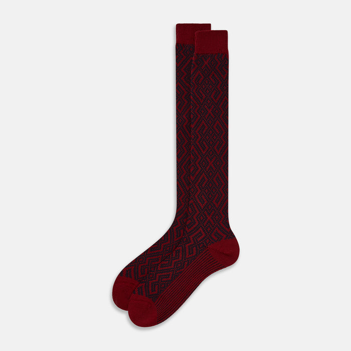 Burgundy and Navy Motif Wool Long Socks Image 1