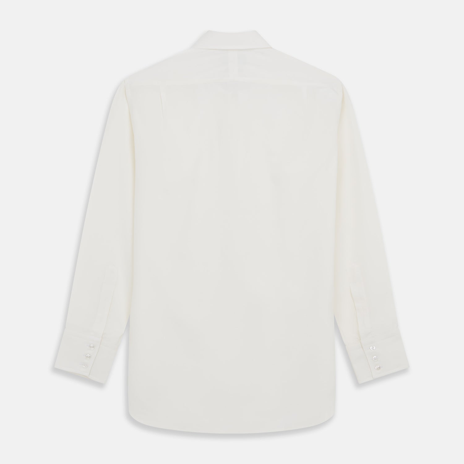 View 4 of product The Turnbull & Asser Cream Silk Mayfair Shirt features long sleeves, a classic collar, button-down front, and buttoned cuffs, shown laid flat on a white background.