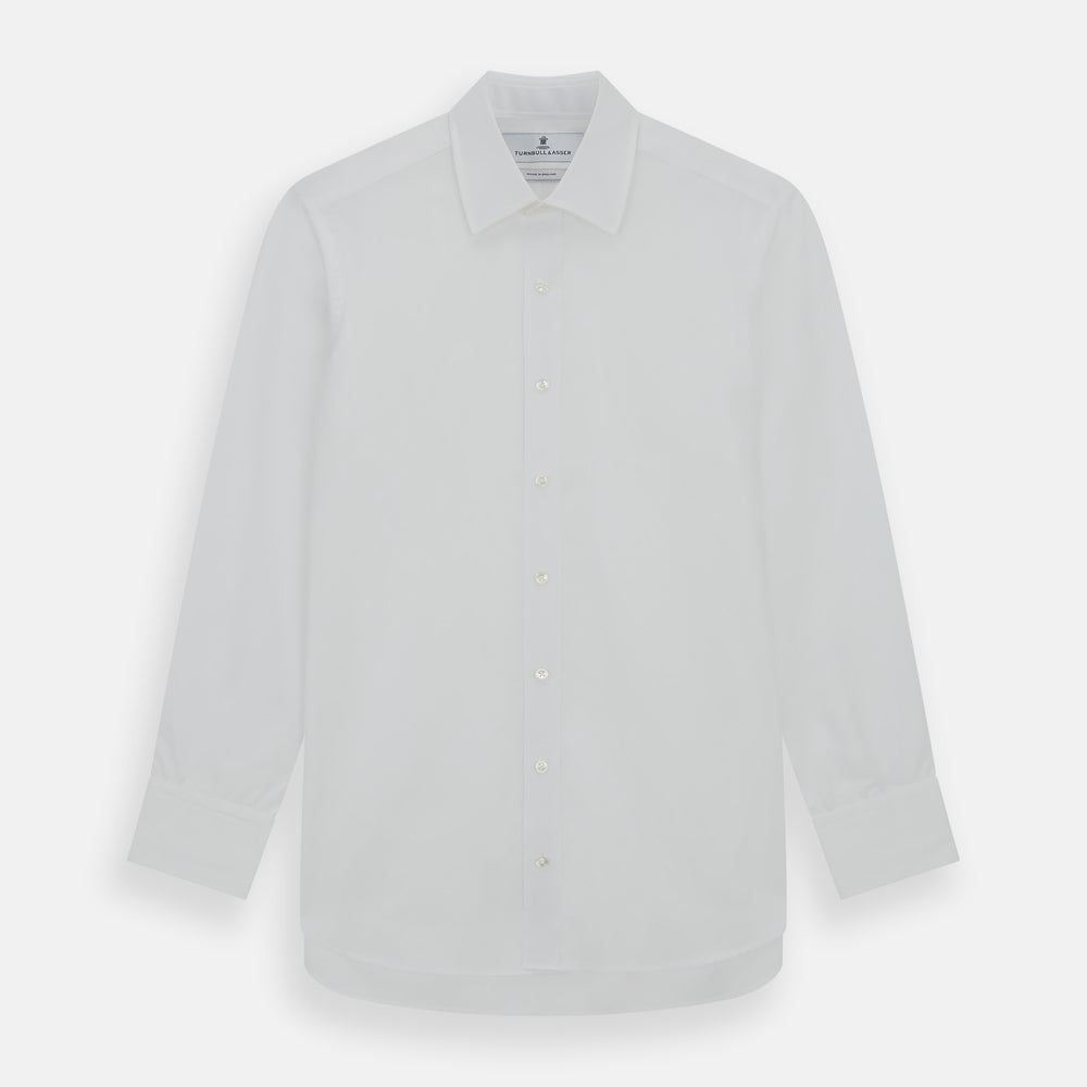The Turnbull & Asser Plain White Cotton Shirt features a T&A collar, 3-button cuffs, and a timeless minimalist design, shown on a plain white background.