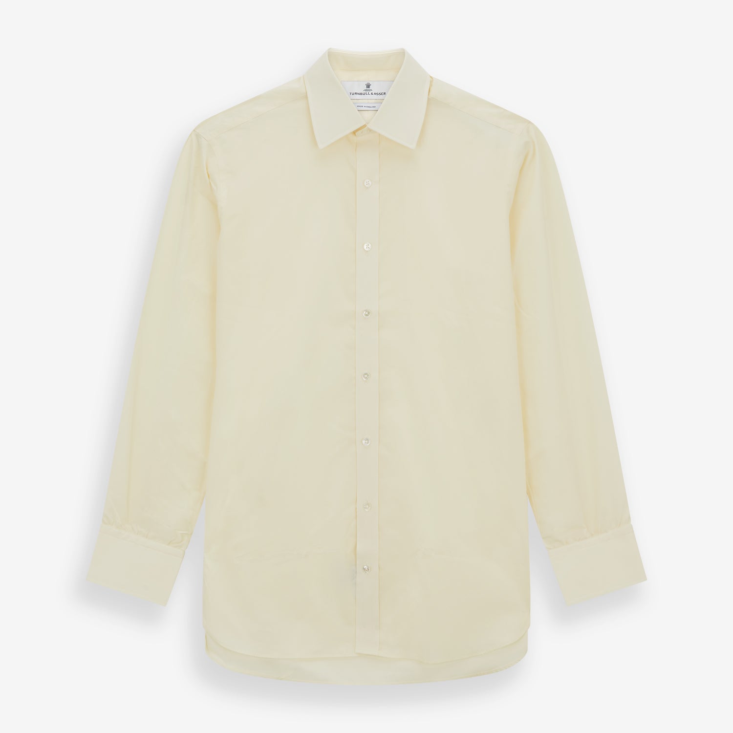 View 1 of product The Turnbull & Asser Cream Cotton Shirt features a T&A collar, button-up front, and 3-button cuffs, displayed on a plain white background.