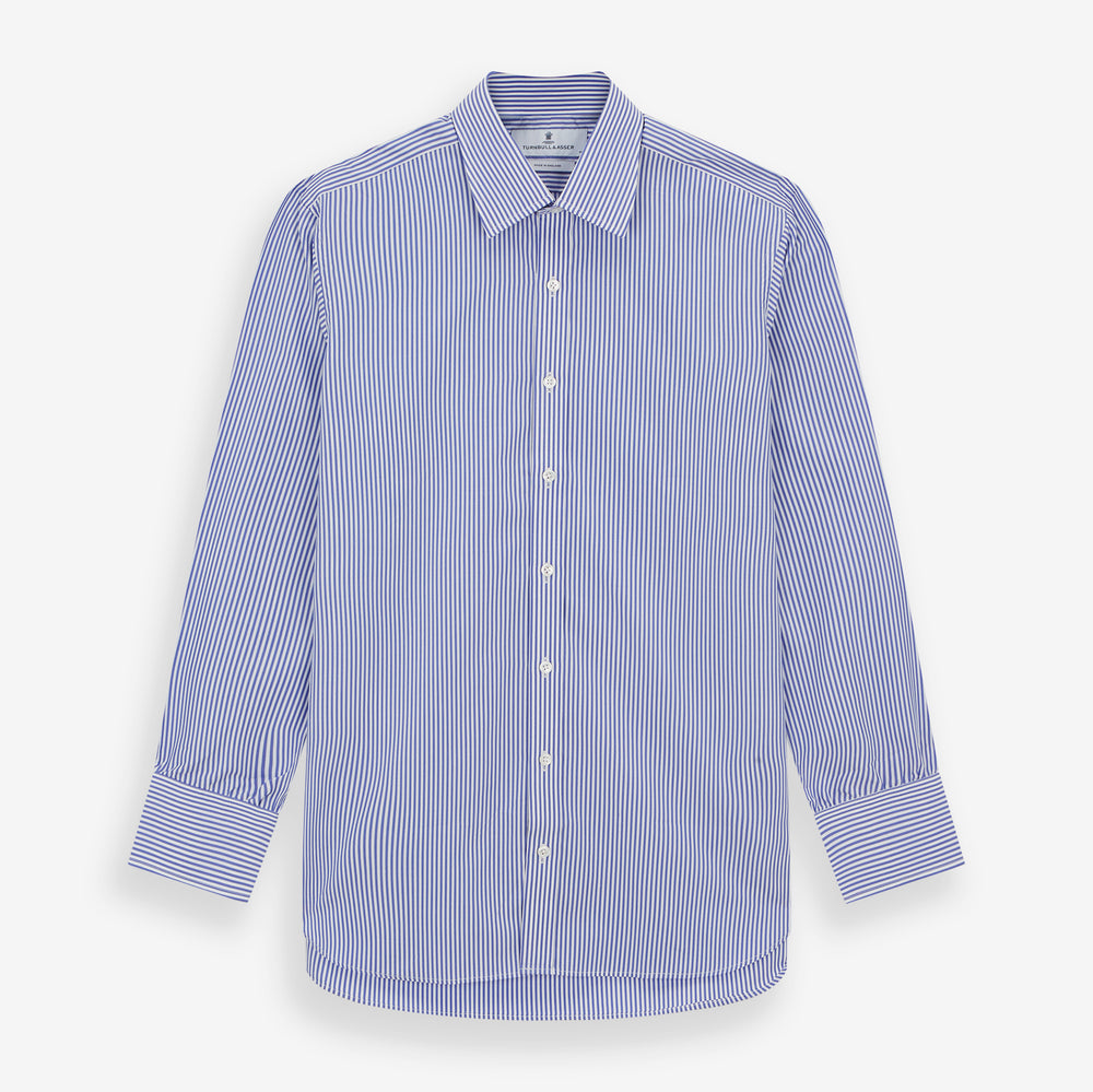 The Turnbull & Asser Blue Bengal Stripe Shirt features a T&A collar, 3-button cuffs, and classic blue and white vertical stripes, shown neatly laid flat against a white background.
