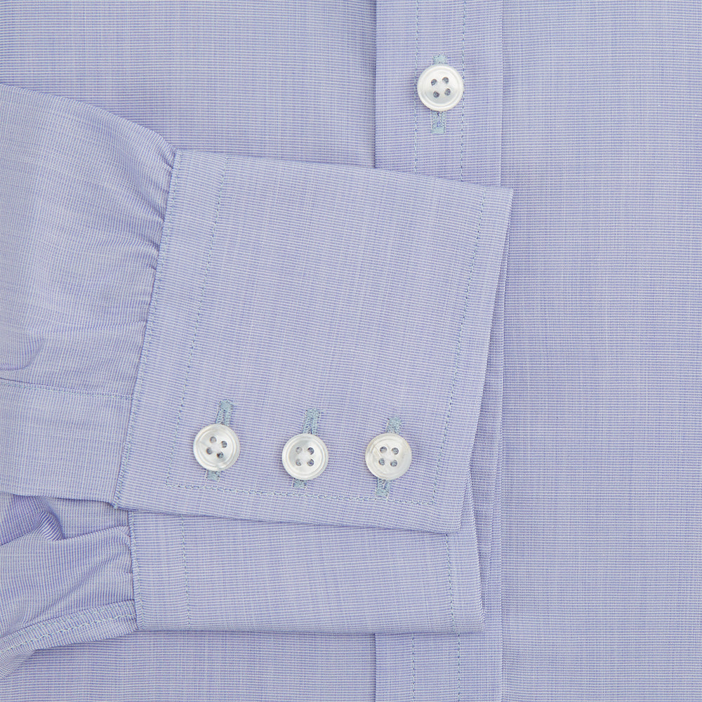 The Turnbull & Asser Blue End-on-End Cotton Shirt features a T&A collar, 3-button cuffs, and white buttons—ideal for pairing with a navy suit or any smart outfit.