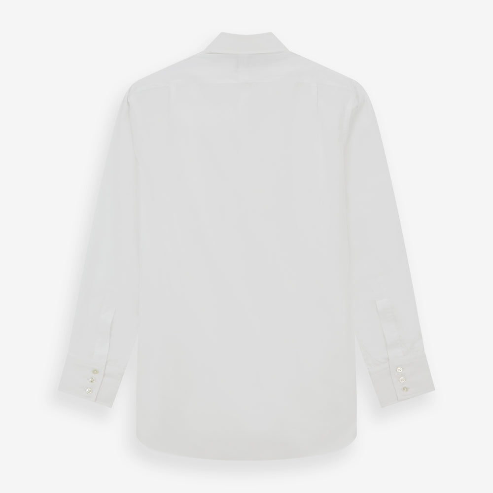 The Turnbull & Asser Two-Fold 200 White Cotton Shirt features a T&A collar and 3-button cuffs, crafted from breathable cotton and shown on a plain white background.