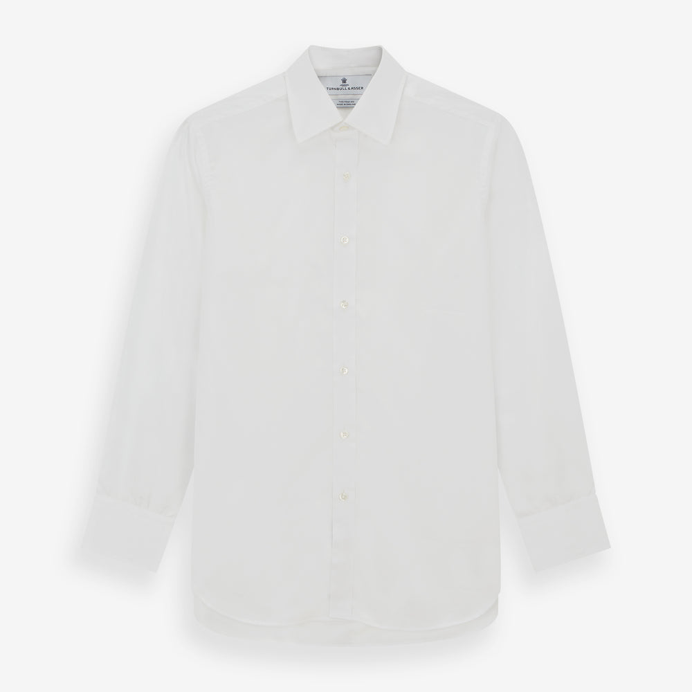 The Turnbull & Asser Two-Fold 200 White Cotton Shirt features a T&A collar and 3-button cuffs, crafted from breathable cotton and shown on a plain white background.