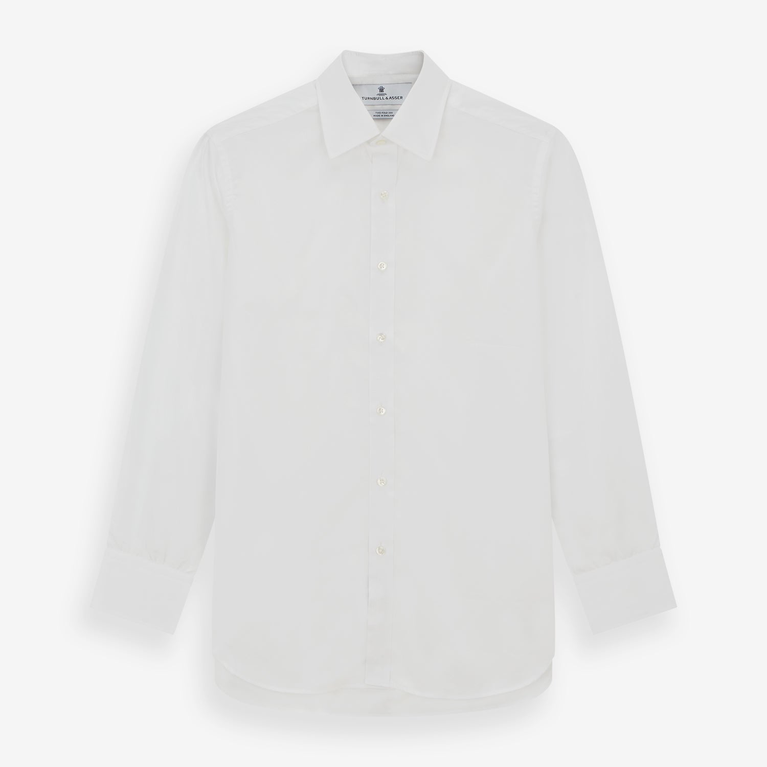 View 1 of product The Turnbull & Asser Two-Fold 200 White Cotton Shirt features a T&A collar and 3-button cuffs, crafted from breathable cotton and shown on a plain white background.