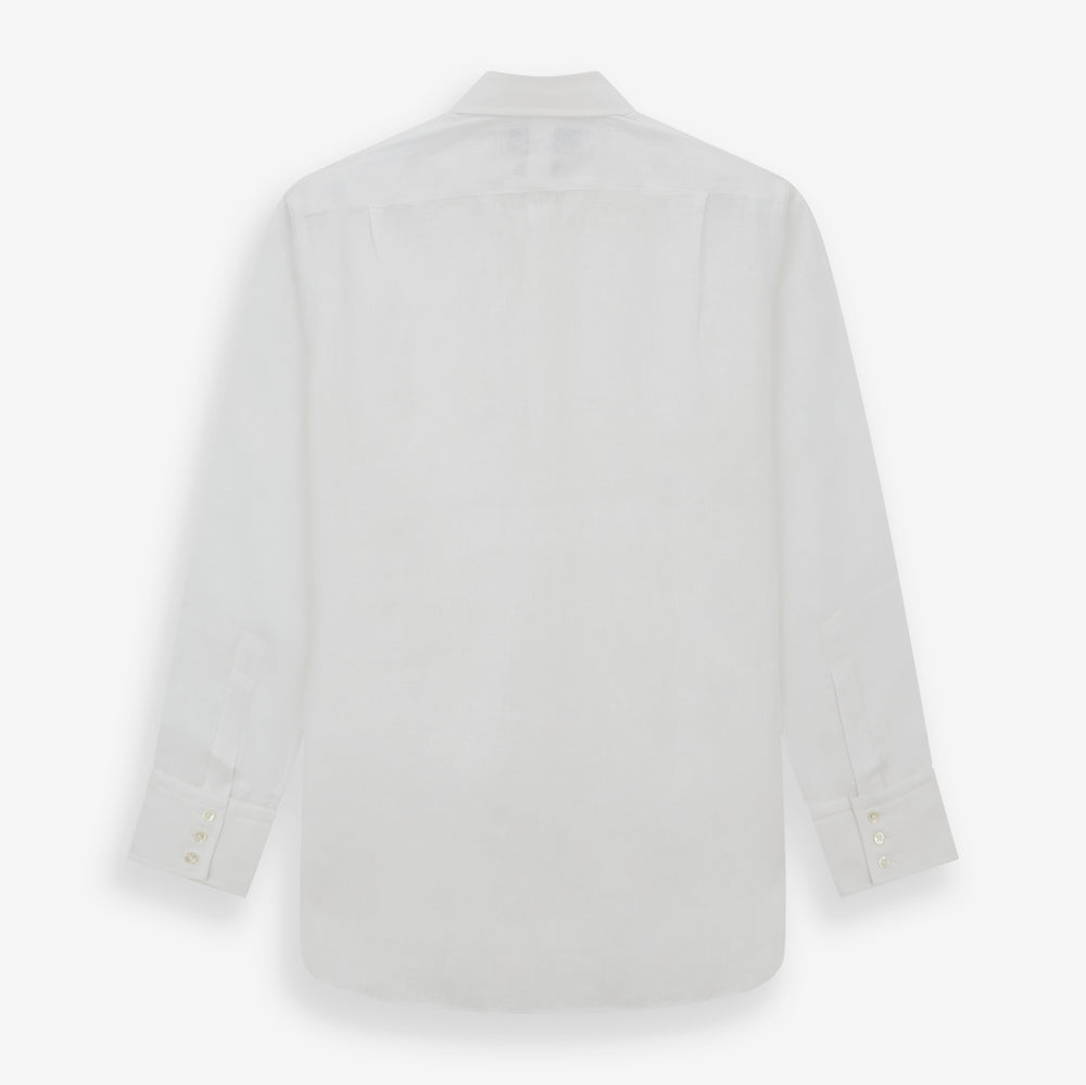 The Turnbull & Asser White Linen Shirt features a T&A collar and 3-button cuffs—an essential summer staple, shown here laid flat on a white background.