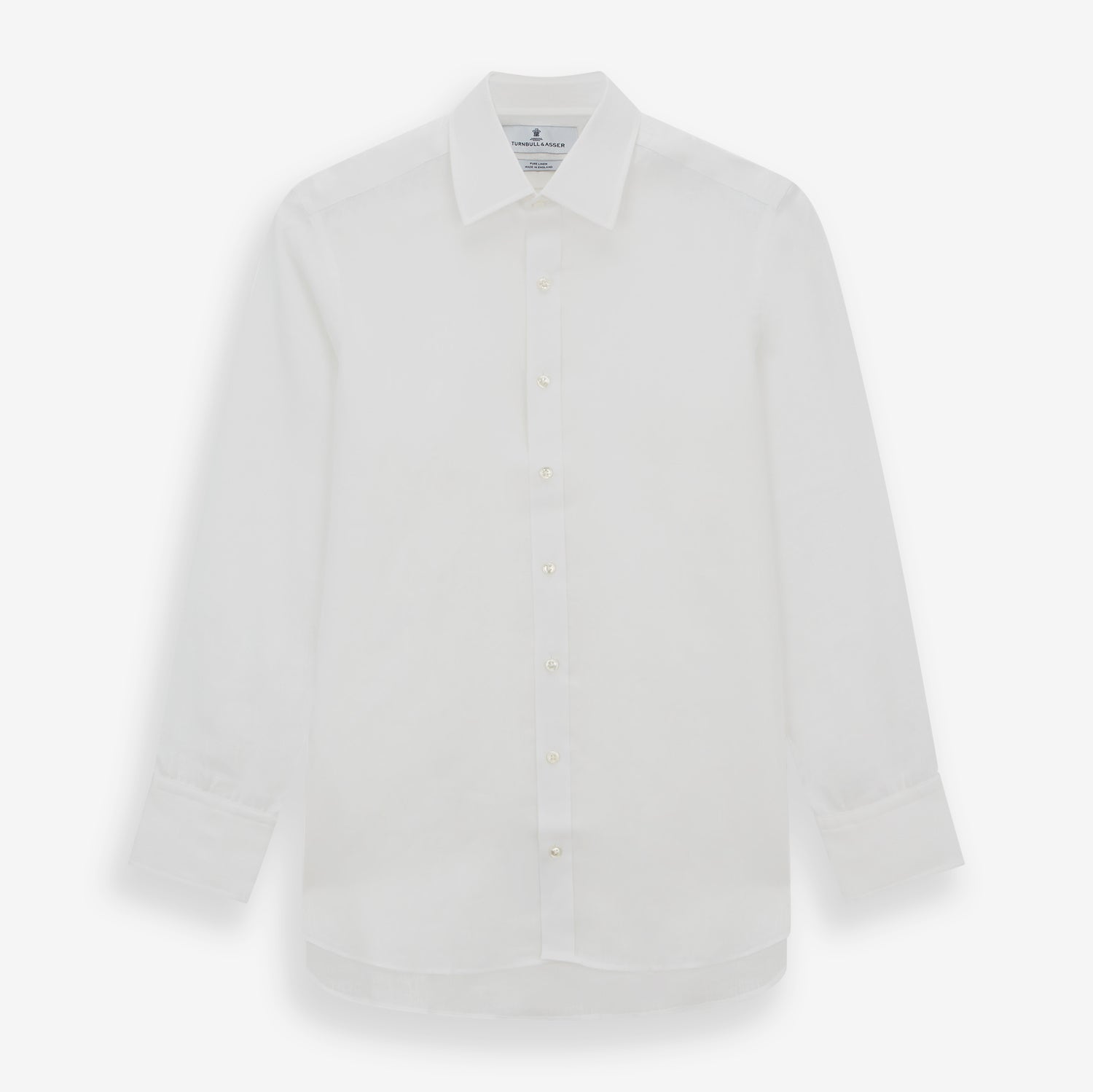 View 1 of product The Turnbull & Asser White Linen Shirt features a T&A collar and 3-button cuffs—an essential summer staple, shown here laid flat on a white background.