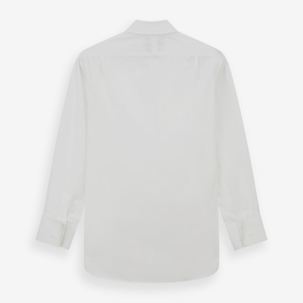 The Turnbull & Asser White Marcella Dress Shirt features a T&A collar, double cuffs, a classic bib front, and a button-down design—ideal for formal occasions. Displayed against a plain white background.