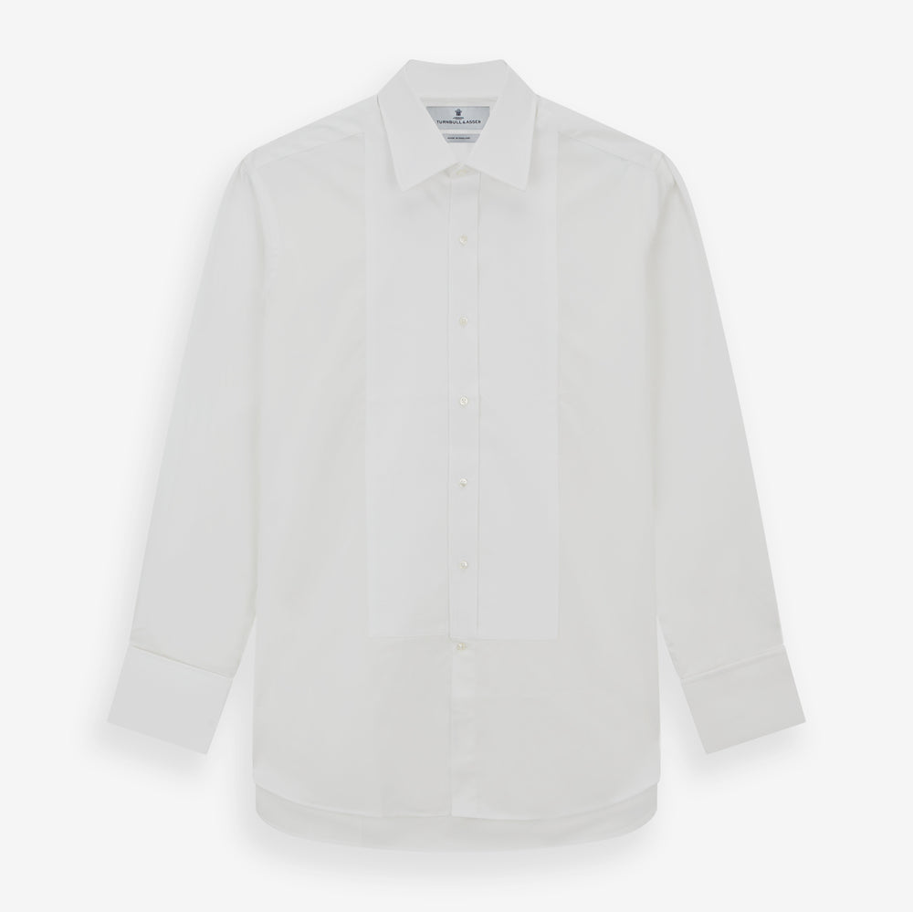 The Turnbull & Asser White Marcella Dress Shirt features a T&A collar, double cuffs, a classic bib front, and a button-down design—ideal for formal occasions. Displayed against a plain white background.