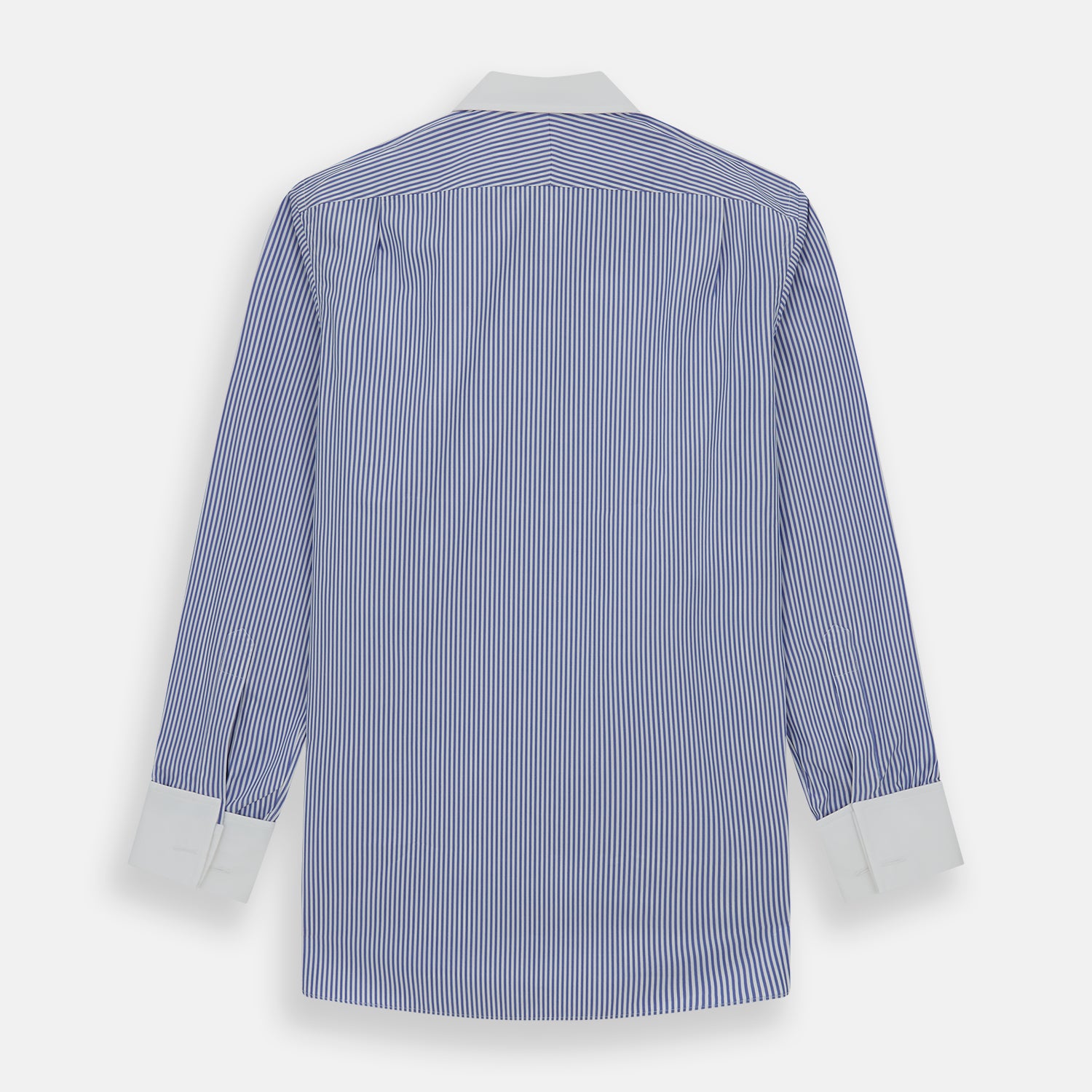 View 3 of product The Gekko Shirt with Contrast T&A Collar and Double Cuffs by Turnbull & Asser features blue and white vertical stripes, a white collar, and double cuffs, inspired by the Wall Street film. Displayed on a plain white background.