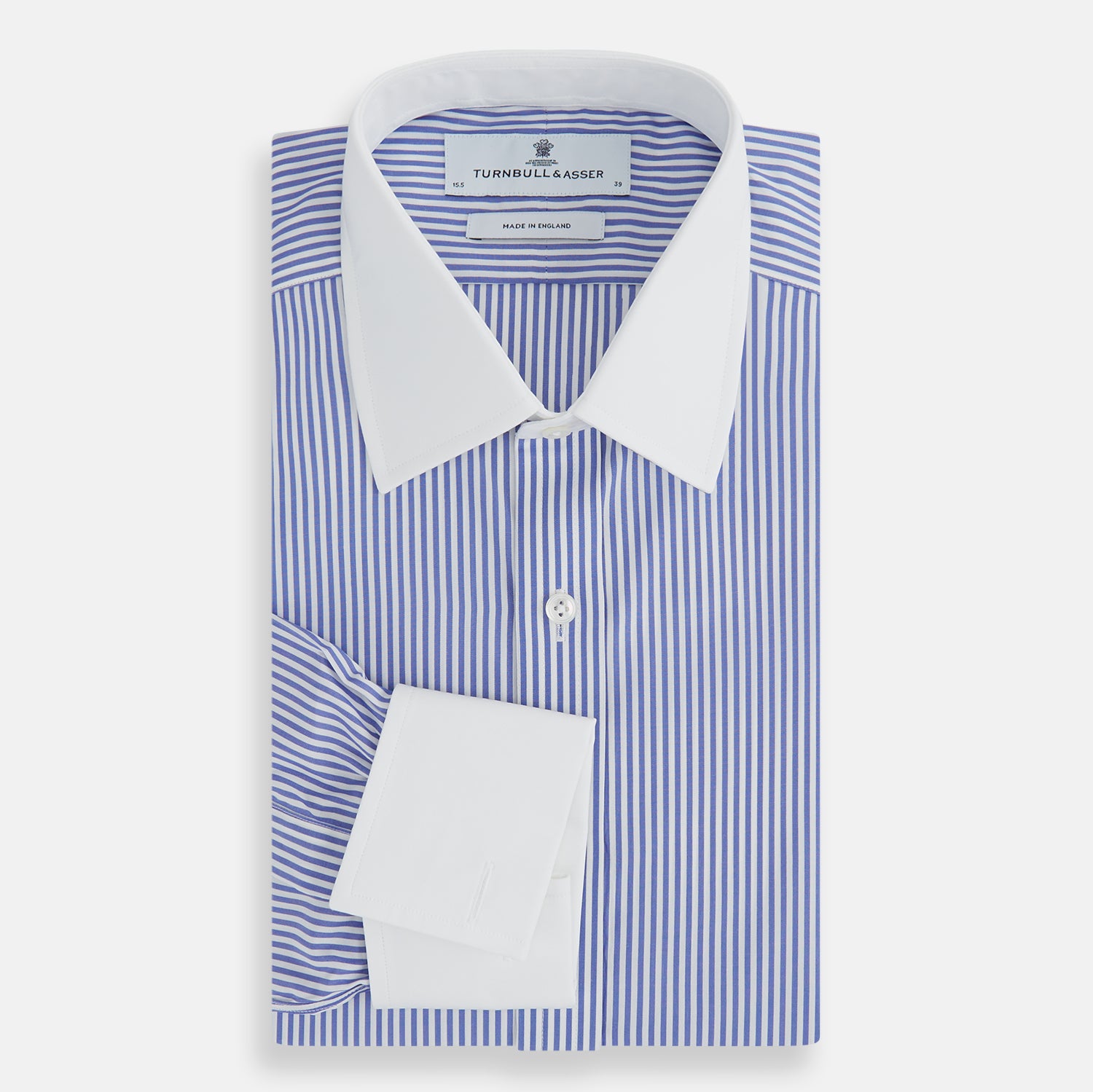 View 5 of product The Gekko Shirt with Contrast T&A Collar and Double Cuffs by Turnbull & Asser features blue and white vertical stripes, a white collar, and double cuffs, inspired by the Wall Street film. Displayed on a plain white background.
