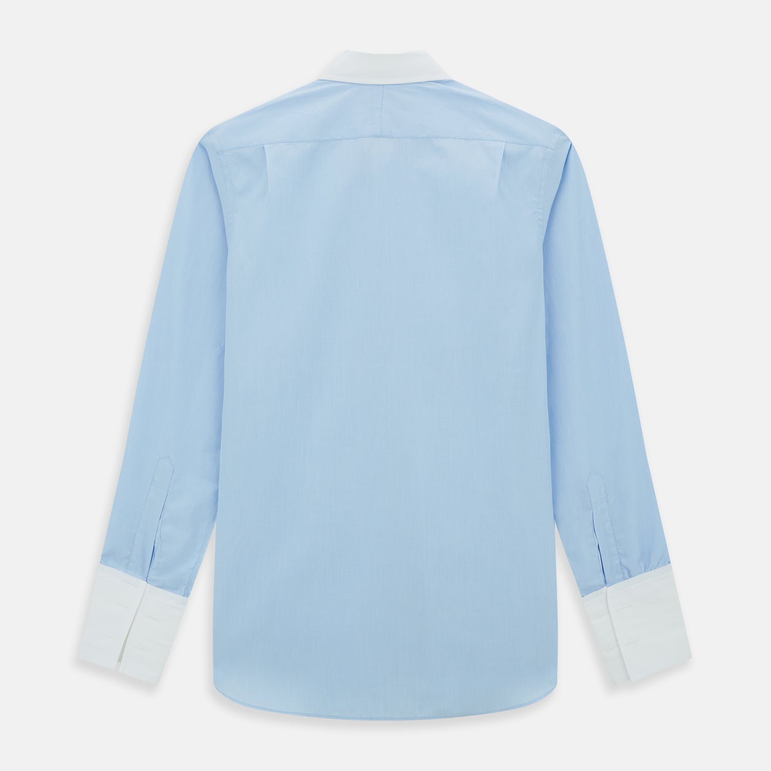 View 5 of product Turnbull & Asser Light Blue End-on-End Shirt features a contrast T&A white collar, double cuffs, long sleeves, and button-down front. Displayed on a plain white background.