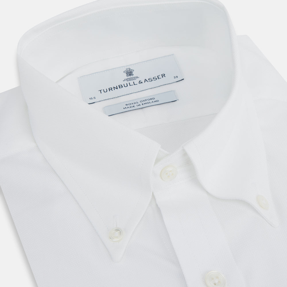 The White Royal Oxford Cotton Shirt by Turnbull & Asser features a button-down collar and 3-button cuffs—ideal for minimalist looks. Shown against a plain white background.