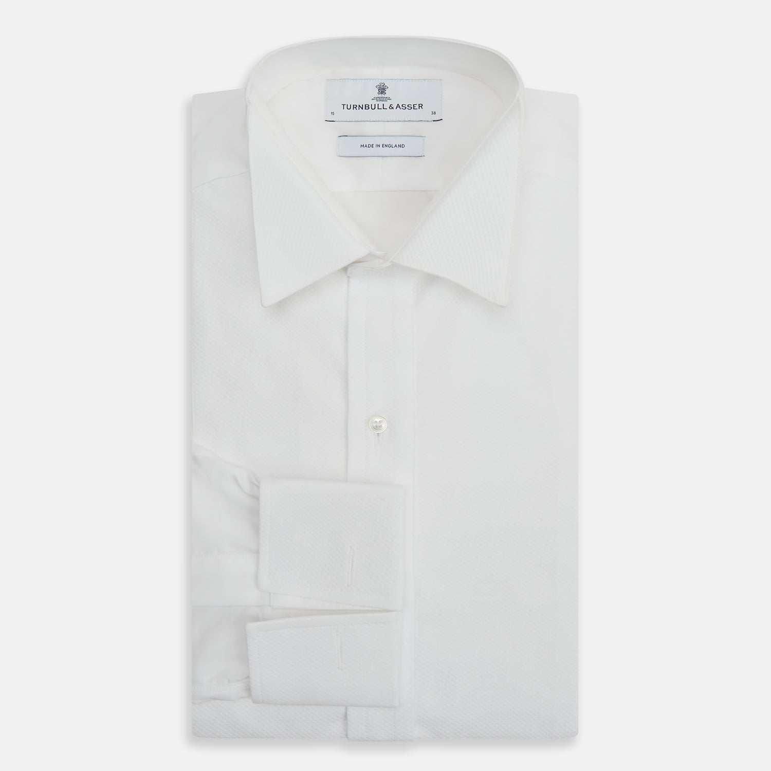 View 4 of product The Turnbull & Asser White Cotton Dress Shirt features a wing collar, double cuffs, and is displayed on a plain white background.