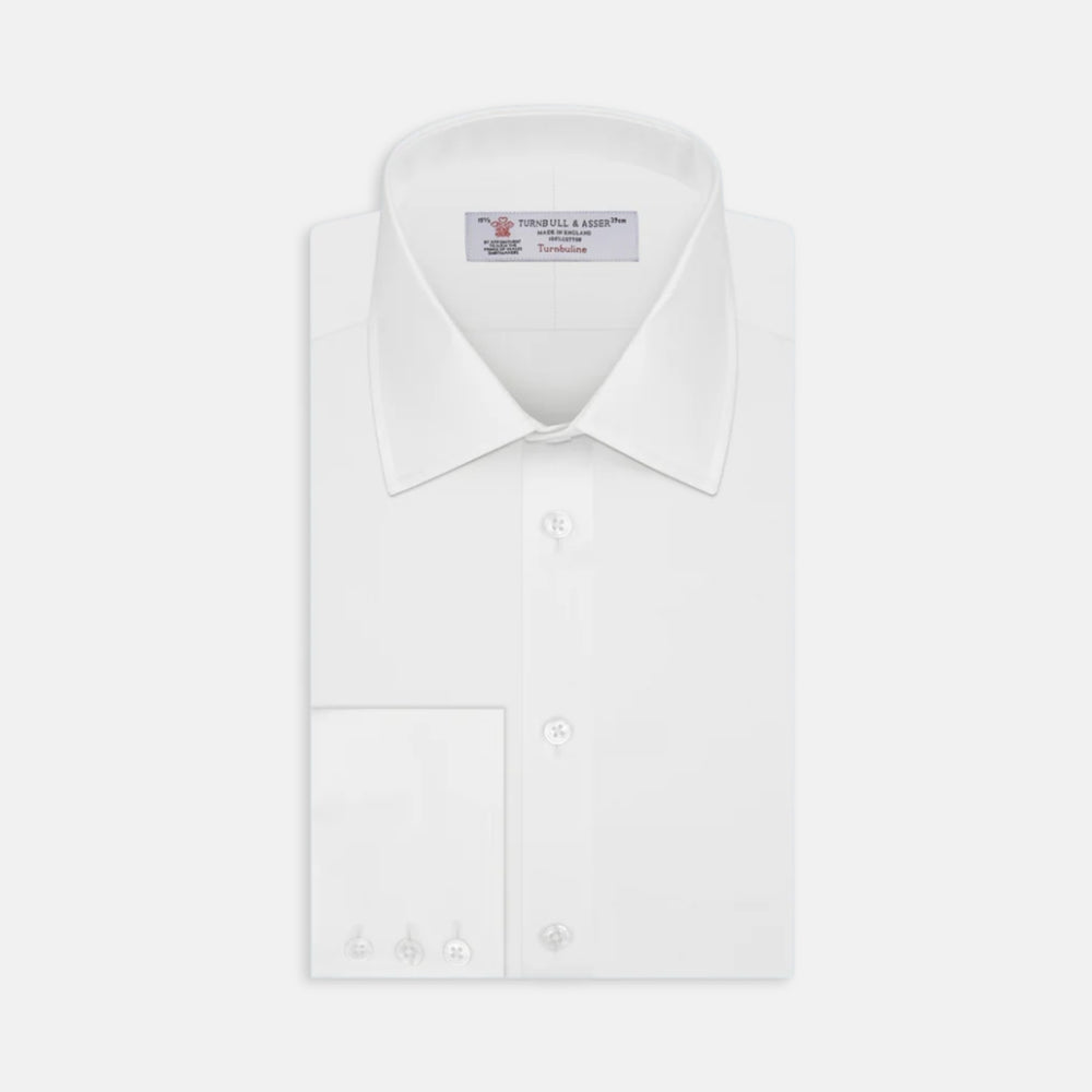 The Turnbull & Asser White Herringbone Superfine Cotton Shirt with T&A collar and 3-button cuffs is perfect for pairing with statement ties or elevating minimalist looks.