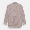 View 3 of product The Turnbull & Asser Burgundy Halo Stripe Winston Shirt features long sleeves, a classic T&A collar, buttoned cuffs, narrow vertical burgundy and white stripes, and is crafted from organic cotton. Displayed on a white background.