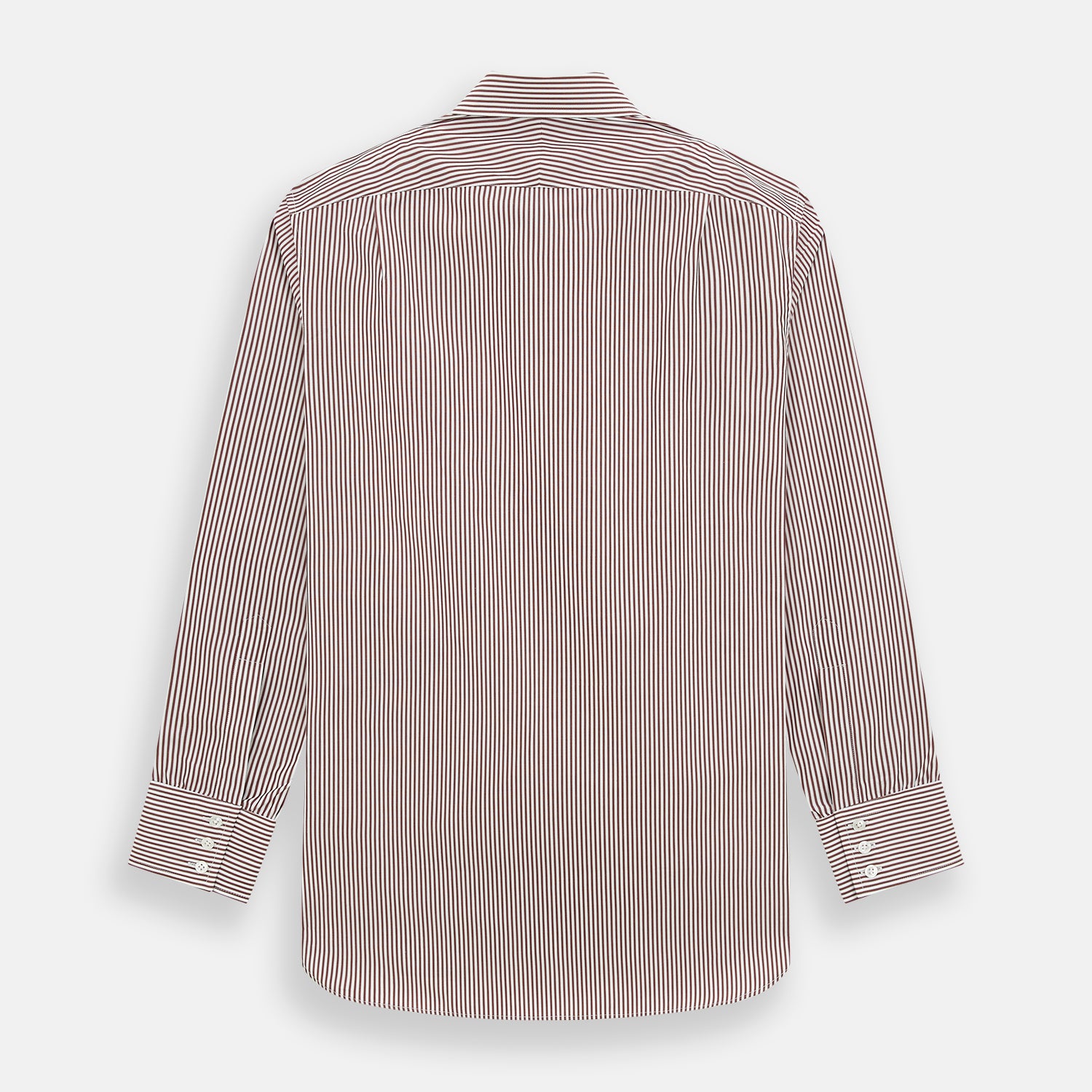 View 3 of product The Turnbull & Asser Burgundy Halo Stripe Winston Shirt features long sleeves, a classic T&A collar, buttoned cuffs, narrow vertical burgundy and white stripes, and is crafted from organic cotton. Displayed on a white background.
