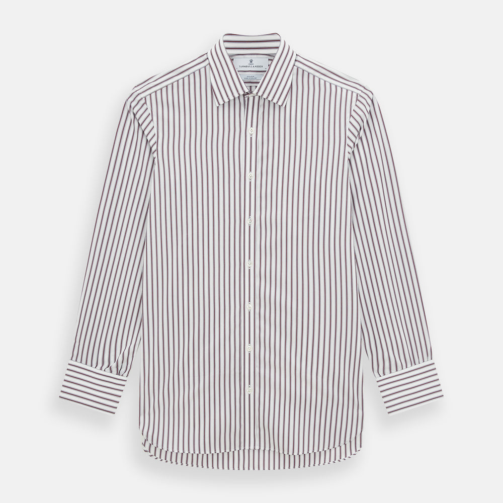 The Turnbull & Asser Burgundy Track Stripe Winston Shirt features long sleeves, classic collar, buttoned cuffs, and vertical white and dark maroon stripes—perfect for formal wear and shown laid flat against a white background.
